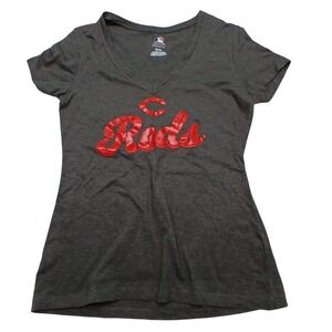 Cincinnati Reds Womens Small V Neck Gray Majestic Athletic T‎ Shirt